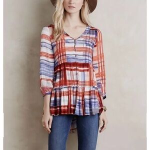 Anthropologie Maeve Plaid Tiered Baby Doll Top Size XS